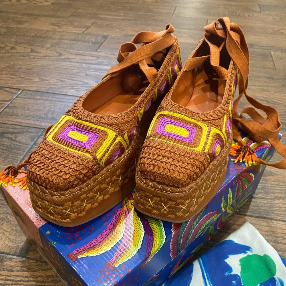 FARM Rio Brown Platform Espadrilles with Yellow & Purple Accents - Picture 2 of 16